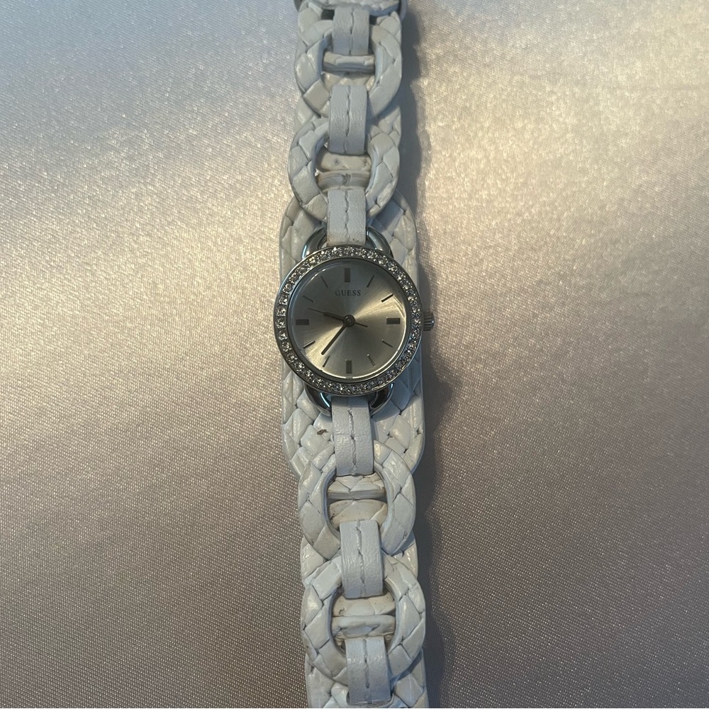 Guess Silver Dial with White Braided Strap Watch